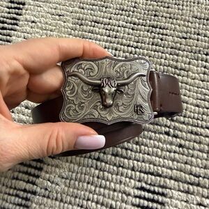 Ralph Lauren Brown Leather Belt with Ornate Silver-Tone Longhorn Buckle